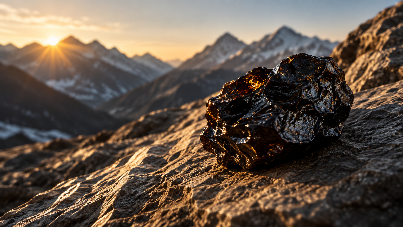 Raw shilajit resin on Himalayan stone at sunrise, illustrating the natural formation of shilajit and its fulvic acid content.